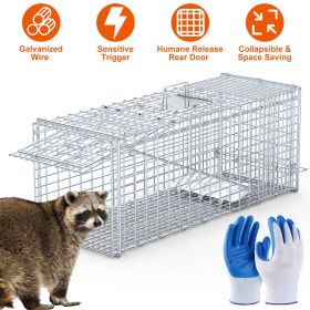 Live Animal Trap Cage 37x14x15in Folding Catch and Release Humane Cat Trap Galvanized Iron for Raccoons Foxes Coyotes Stray Dogs Armadillos Squir