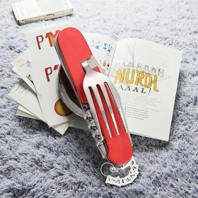 Stainless Steel 6-in-1 Multi-Tool Cutlery Set, Folding Pocket Knife with Fork, Spoon, Can Opener, Corkscrew, and Bottle Opener (Color: Red)